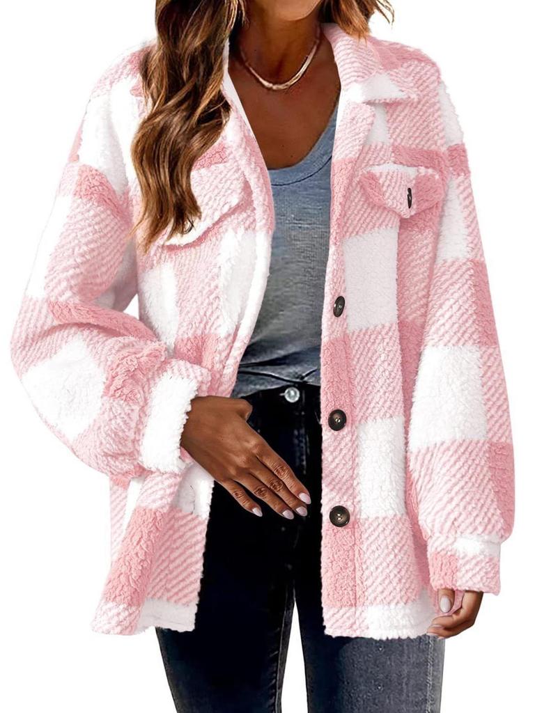 Plaid Pattern Lapel Button-Down Plush Coat for Autumn and Winter