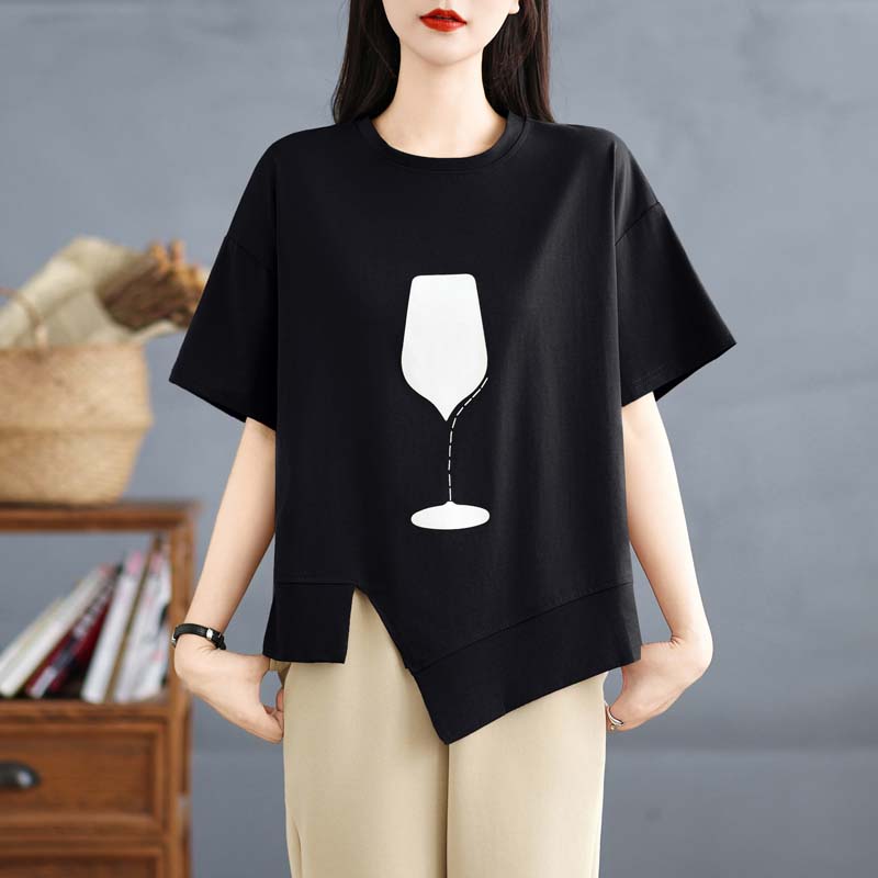 Dimanaf 2025 Лето Плюс Размер Футболка Женская Асимметричный Принт Короткий Рукав Свободные Топы Футболки Повседневные