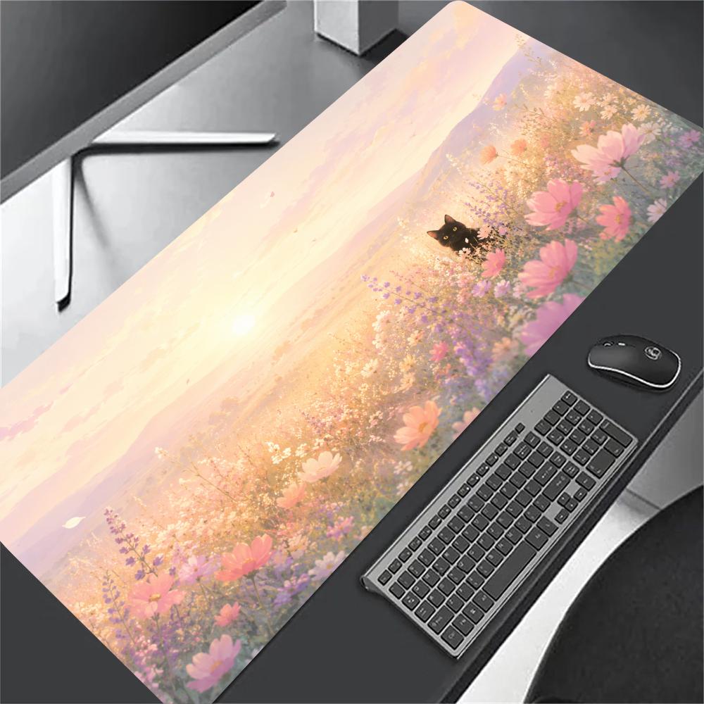 Black Cat in Autumn Extra Big Mouse Pad Anti-Slip Rubber Desk Pad Durable Locking Edge Laptop Mouse Mat for Gamer Home Office