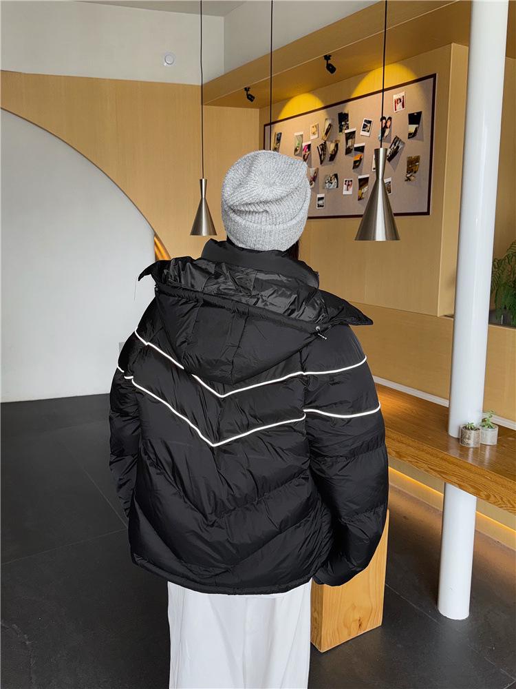Men's American Style Black Hooded Jacket: Reflective Stand Collar, Winter Cotton, Casual Loose Fit.