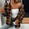Autumn Winter Women Hoodie Coat Plaid Solid Color Stitching Hooded Drawstring Patch Pocket Long Sleeve Single Breasted Sweatshirt Jacket