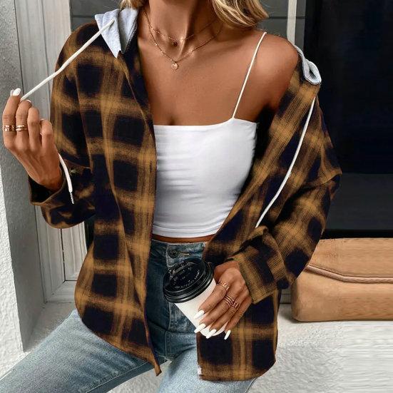 Autumn Winter Women Hoodie Coat Plaid Solid Color Stitching Hooded Drawstring Patch Pocket Long Sleeve Single Breasted Sweatshirt Jacket