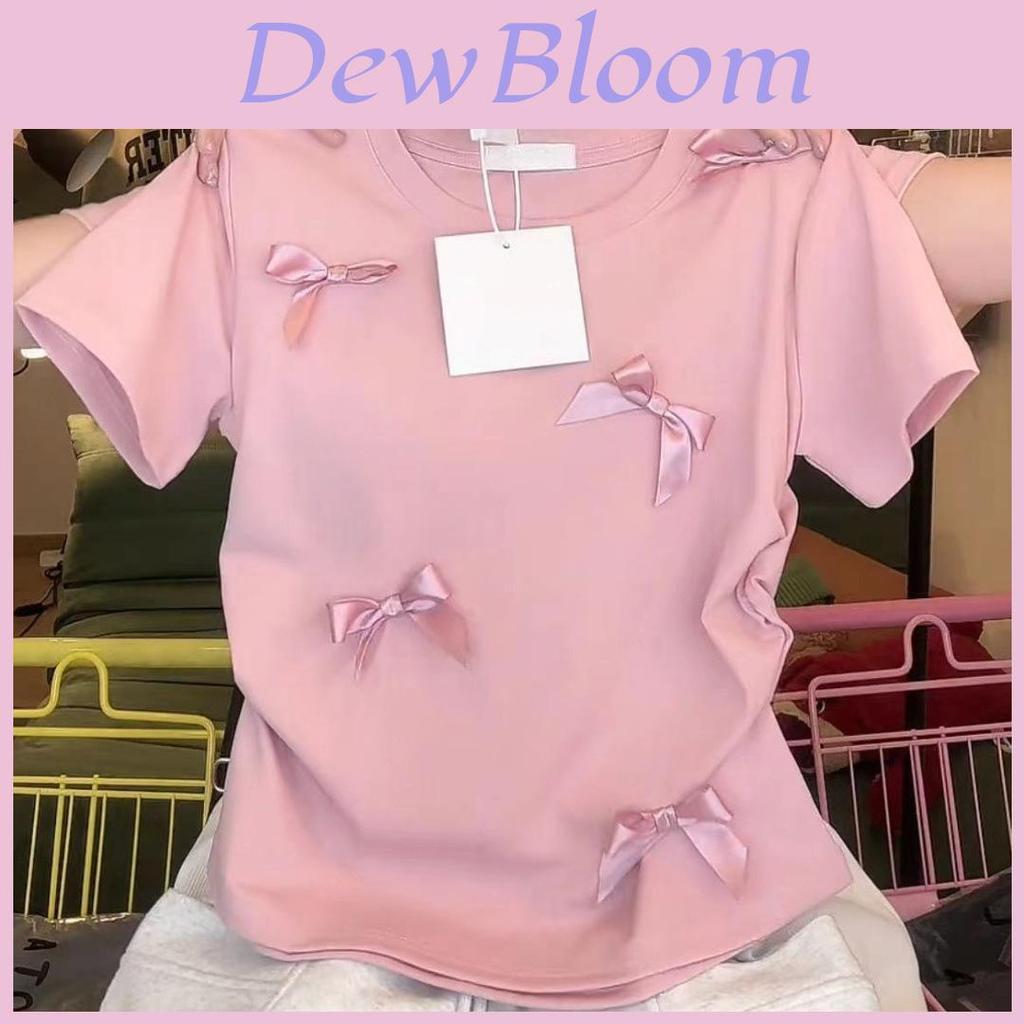 Tshirt With Butterfly Bow Pattern Polyester Short Sleeve Summer Casual Top For Women