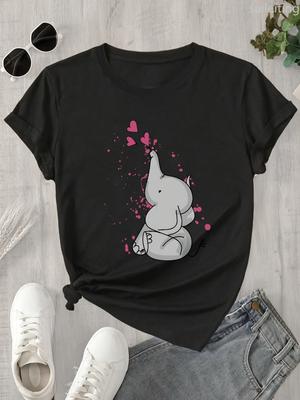 С милым мультяшным слоном, розовыми сердцами, графическим принтом, женская футболка Harajuku с коротким рукавом, повседневная женская футболка