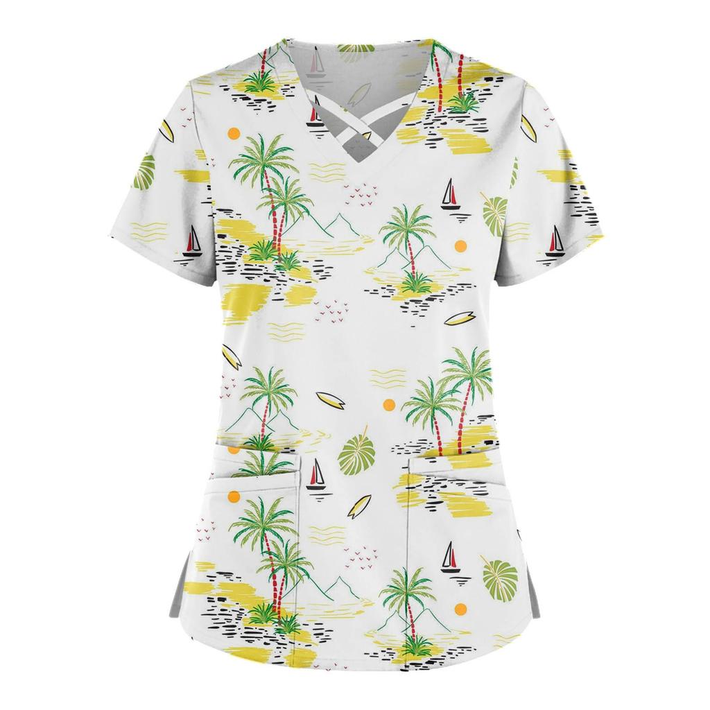 Плюс размер, милая рабочая форма с принтом, топы для женщин, забавные футболки с перекрестным v-образным вырезом и короткими рукавами, рабочая одежда, футболка с карманами