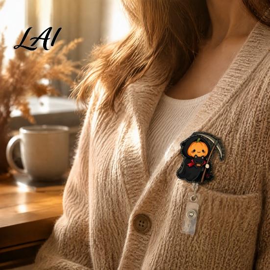 Retractable ID Card Reel Halloween Badge Reel Cute Pumpkin And Grim Reaper Design Acrylic Holder Smooth Pull Cord Clip for Nurse Doctor Teacher