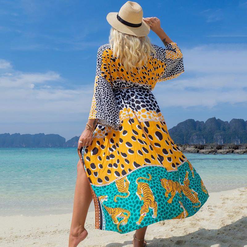 EDOLYNSA Boho Printed Kimono Dress Tunic Women Summer Clothes Plus Size Long Sleeve Bikini Wrap Dress Beach Wear Swim Suit Cover Up Q1414