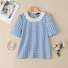 Women Patchwork Round Neck Casual Short Sleeve Grid Print Blouse