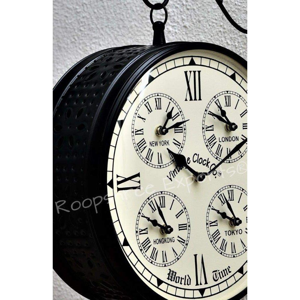 Двусторонние аналоговые часы с мировым временем/железнодорожные (станция) Часы / Черная отделка / Размер 12 дюймов / С одной стороны мировые часы, с другой - римские цифры