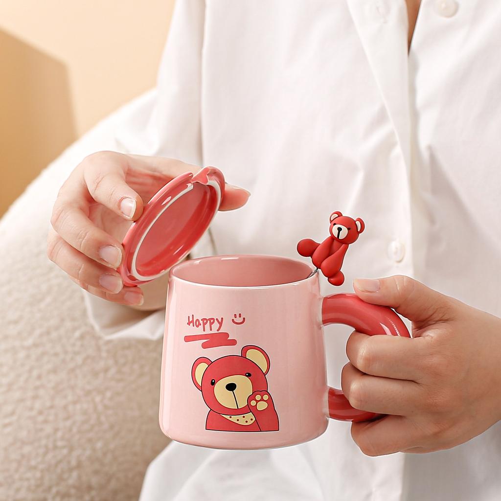 Милая мультяшная керамическая чашка Розовая кружка с медведем с крышкой и ложкой Чашка для питья воды для девушки с высоким вкусом Офисная кофейная чашка