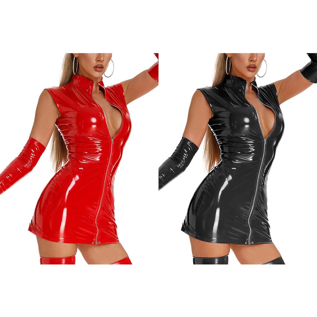 Women High Collar Sleeveless Zipper Latex Bodycon Mini Club Dresses