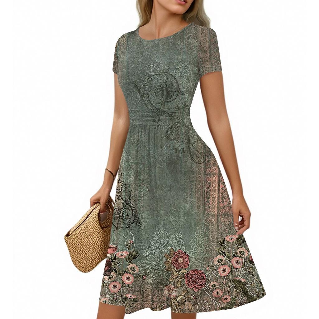Женское повседневное модное платье миди А-силуэта с круглым вырезом, плиссированными короткими рукавами и ретро-цветочным принтом
