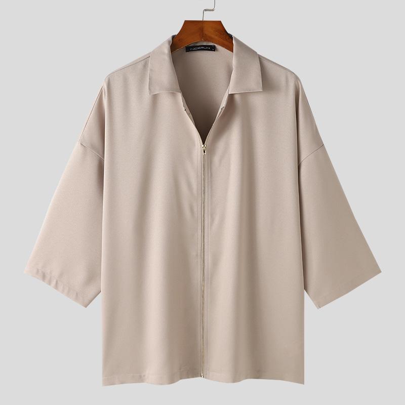 INCERUN Мужские мешковатые рубашки с воротником с лацканами и застежкой-молнией с короткими рукавами