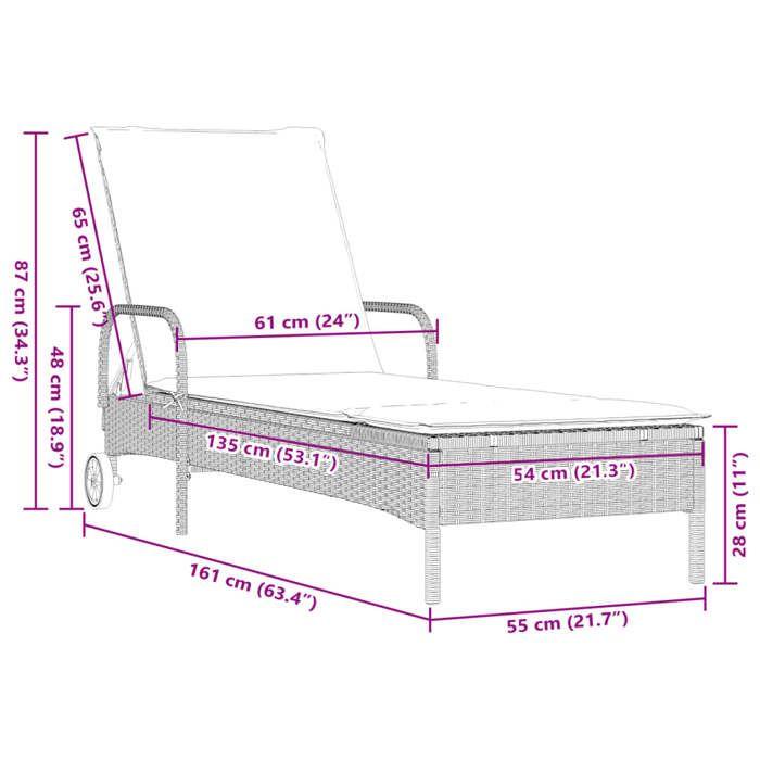 VidaXL Chaise longue avec roues et coussins gris clair résine tressée, lit de bronzage, chaise longue inclinable, lit de 368313