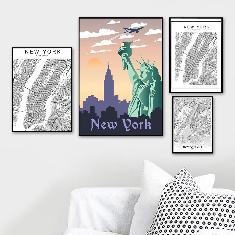 Плакат Нью-Йорка и Манхэттена и печатная карта Нью-Йорка, туристический пейзаж, картина маслом
