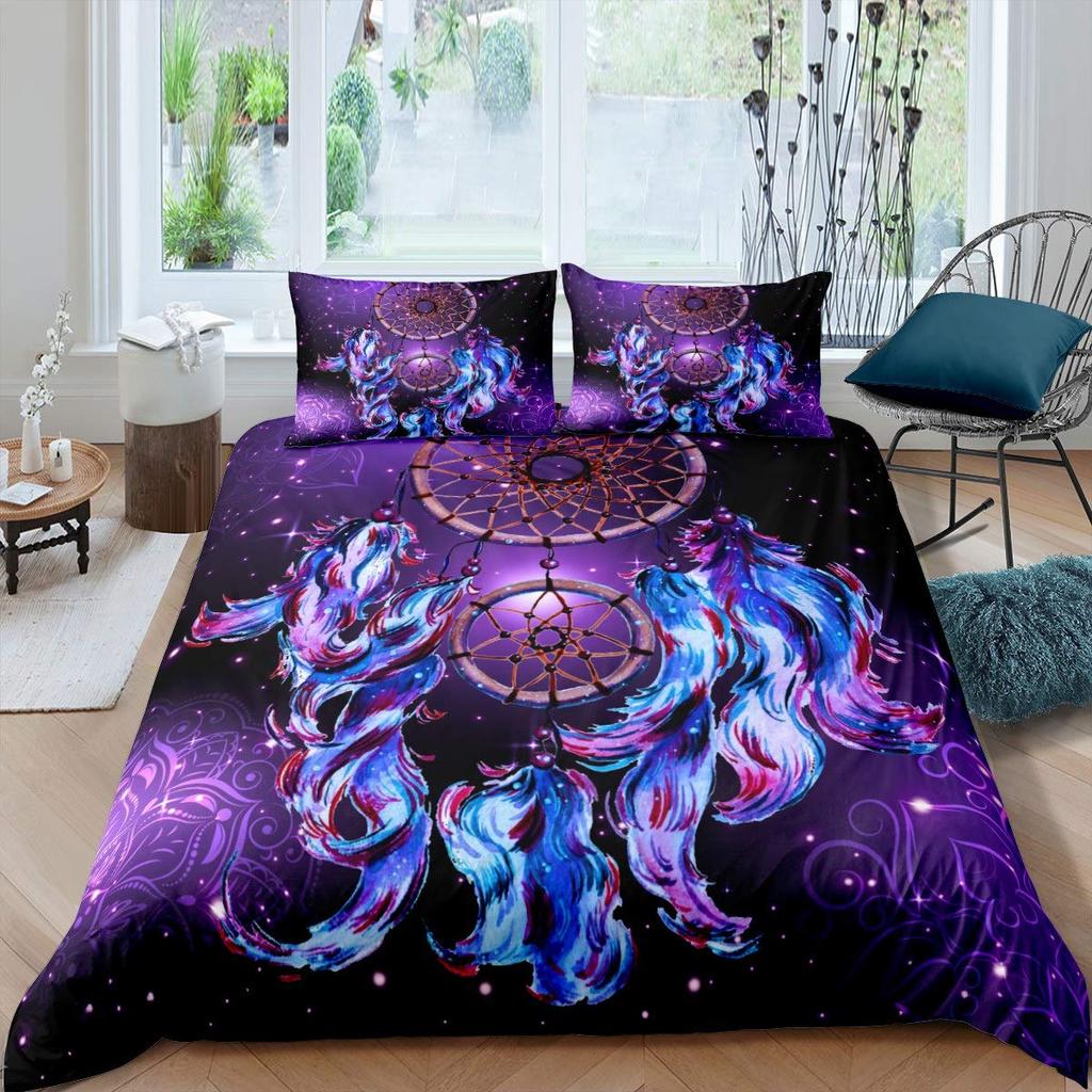 Dream Catcher Duvet Cover Set Purple Bedding Set Chic Boho Mandala Floral Feather Design Galaxy Comforter Cover Set Queen Size