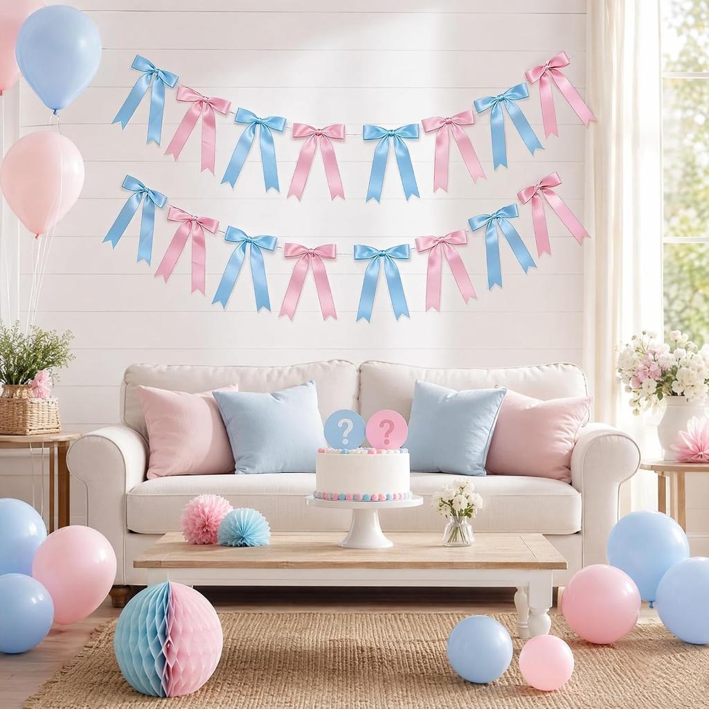 4Strings 24pcs Pink Blue Bow Garland Banner, Pre-Strung Satin Ribbon Decor | Theme Birthday Party, Baby Shower, Bridal Shower, Bachelorette Party