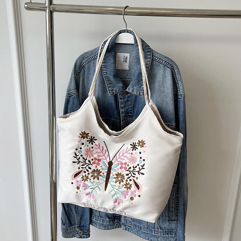 Summer New Fashionable Embroidered Shopping Bag Butterfly Style Single Shoulder Crossbody Handbag with Large Capacity
