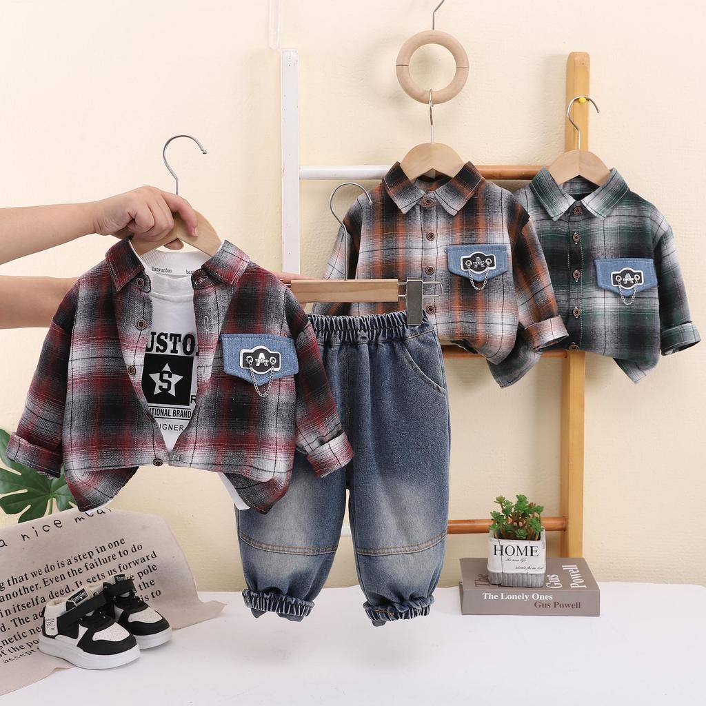Boys 3Pcs Outfit Set, Plaid Long Sleeve Shirt + T-shirt + Denim Pants, Toddler Kids Spring Autumn Casual Clothes