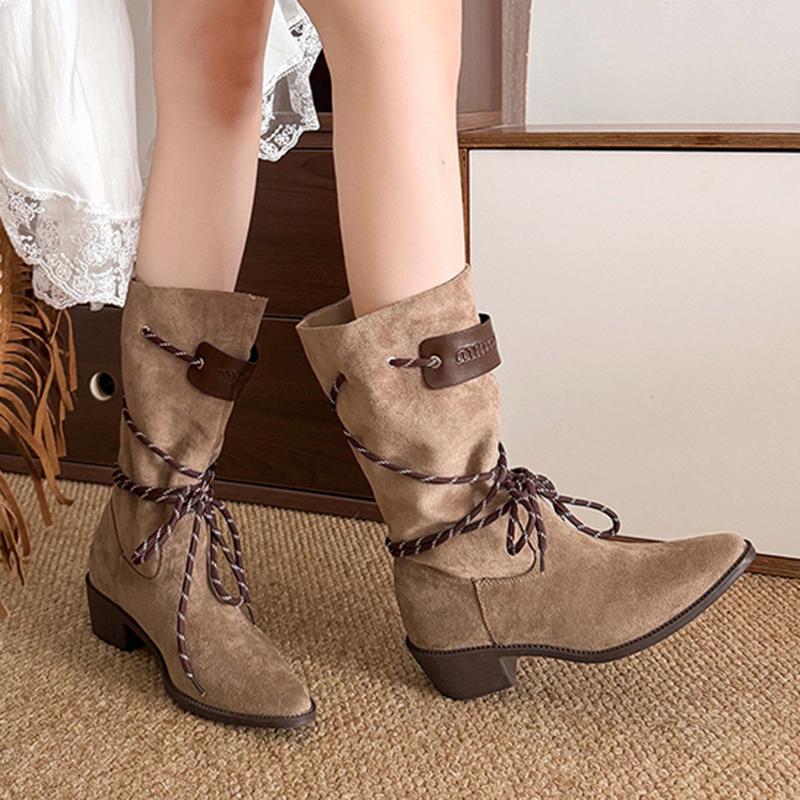 Модные осенне-зимние женские ботинки-вестерны на толстом каблуке 2025, сексуальные полусапоги с острым носком, женские сапоги для верховой езды из искусственной замши, на молнии