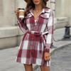 European American Plaid Long-Sleeve Dress with Tie Waist A-Line Skirt for Autumn/Winter Commuting.