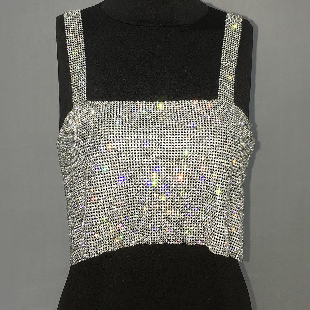 Bling Rhinestones Party Crop Top 2022 Fashion Solid Backless Straps Full Diamonds Sequins Cami Cropped Top for Women