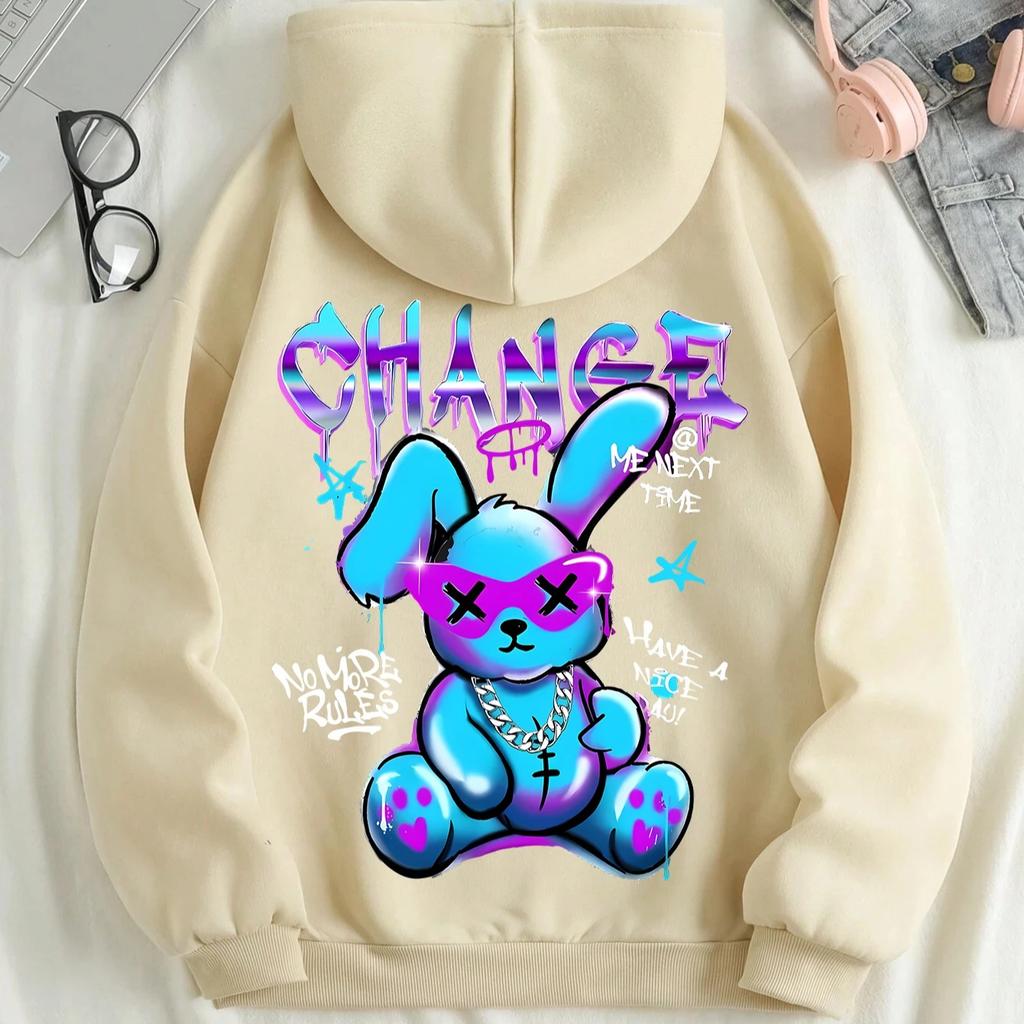 Модный свитшот с принтом в виде кролика и мультфильмов, женская мода, универсальная уличная толстовка с круглым вырезом, повседневные толстовки с капюшоном, пуловер, одежда больших размеров