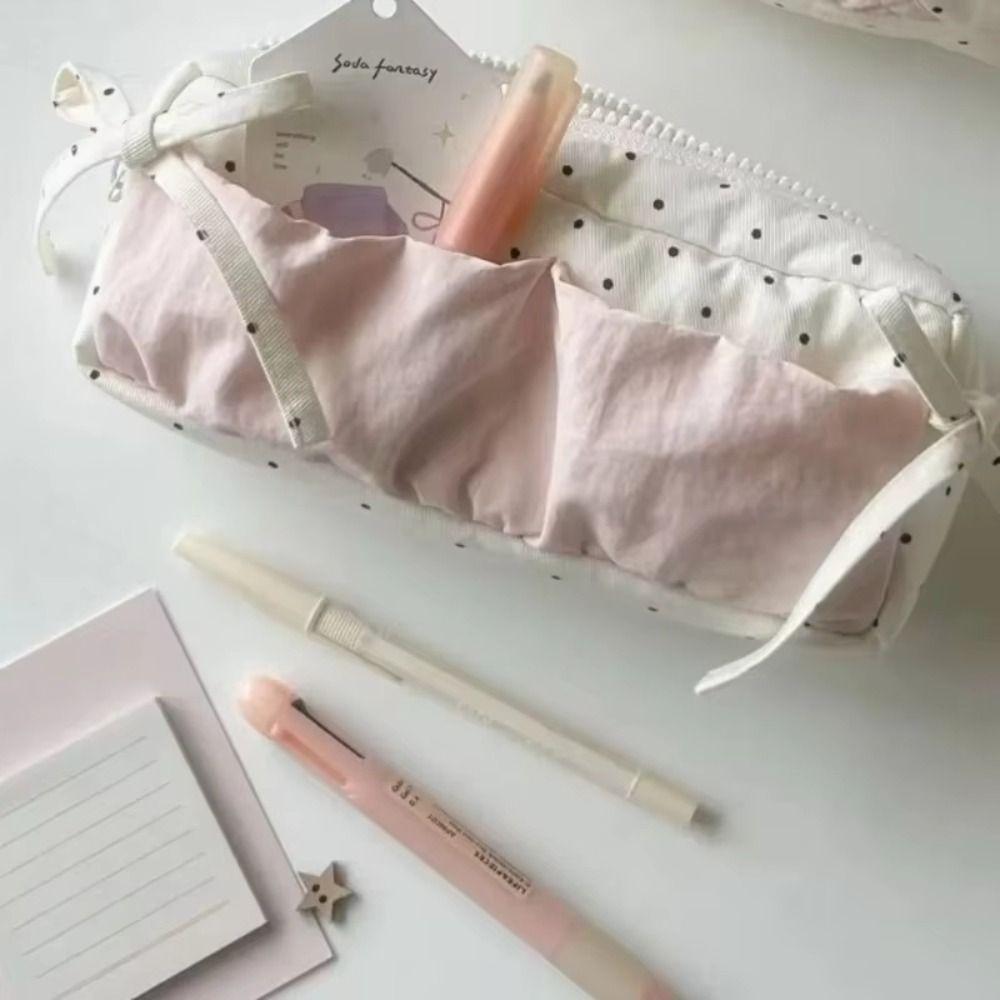 Large Capacity Polka Dot Pencil Bag White With Pink Bow Pencil Case School Supplies