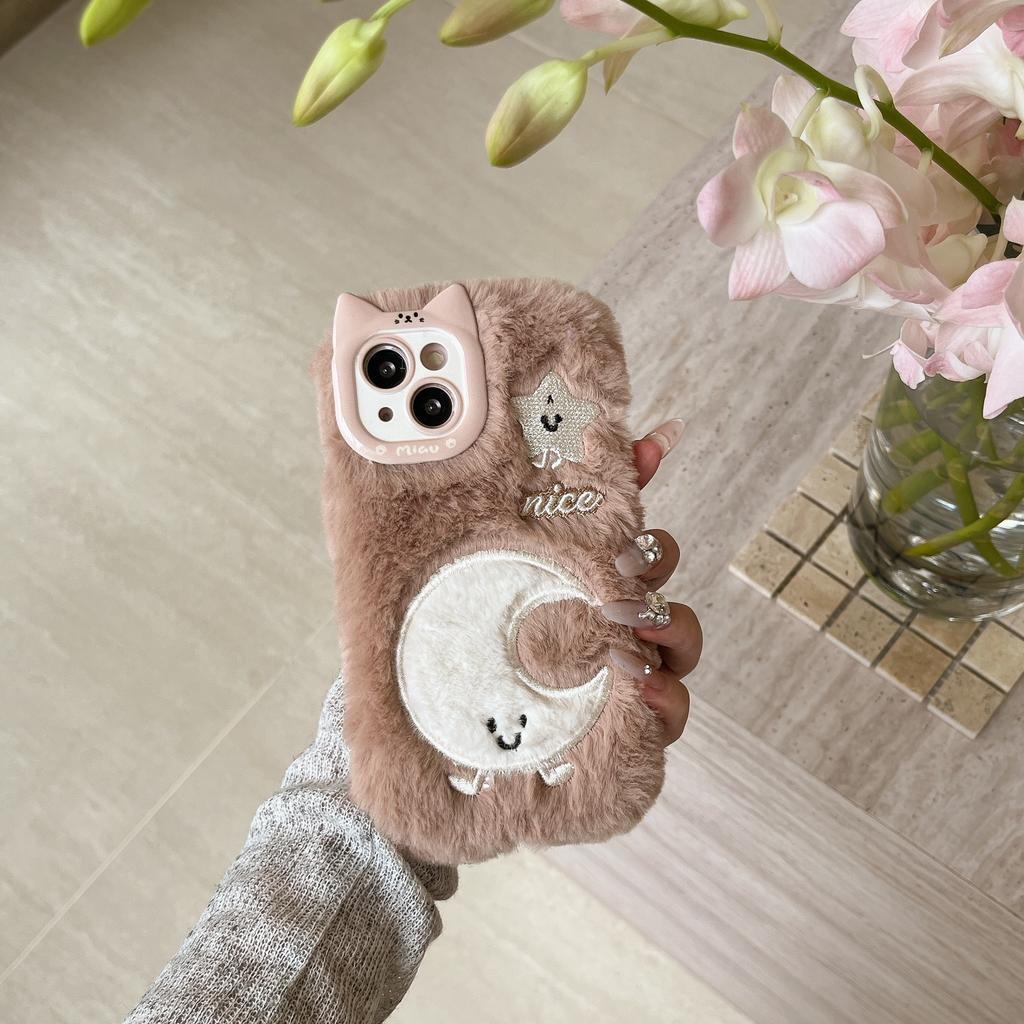 New Cat Ear Embroidery Star Moon Plush Phone Case iPhone Phone Accessories for Girls for iPhone 11 12 13 14 15 16 Pro Max