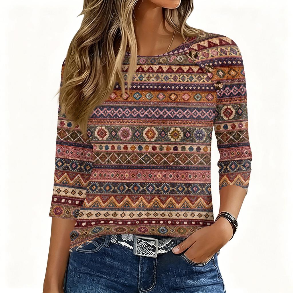 Женская футболка с 3/4 рукава, круглым вырезом, на пуговицах, с геометрическим узором, пуловер, повседневный свободный топ для ежедневной носки