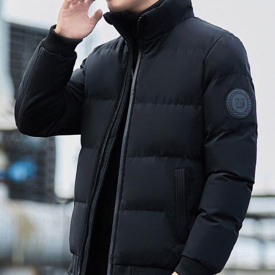 Men Down Jacket Stand Collar Long Sleeve Zipper Closure Jacket Elastic Hem Solid
