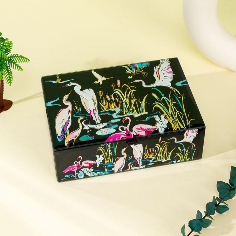 Hand-Painted Stained Glass Jewelry Box Women Animal Motif Decorative Storage Case Pink Flamingo White Elephant Design