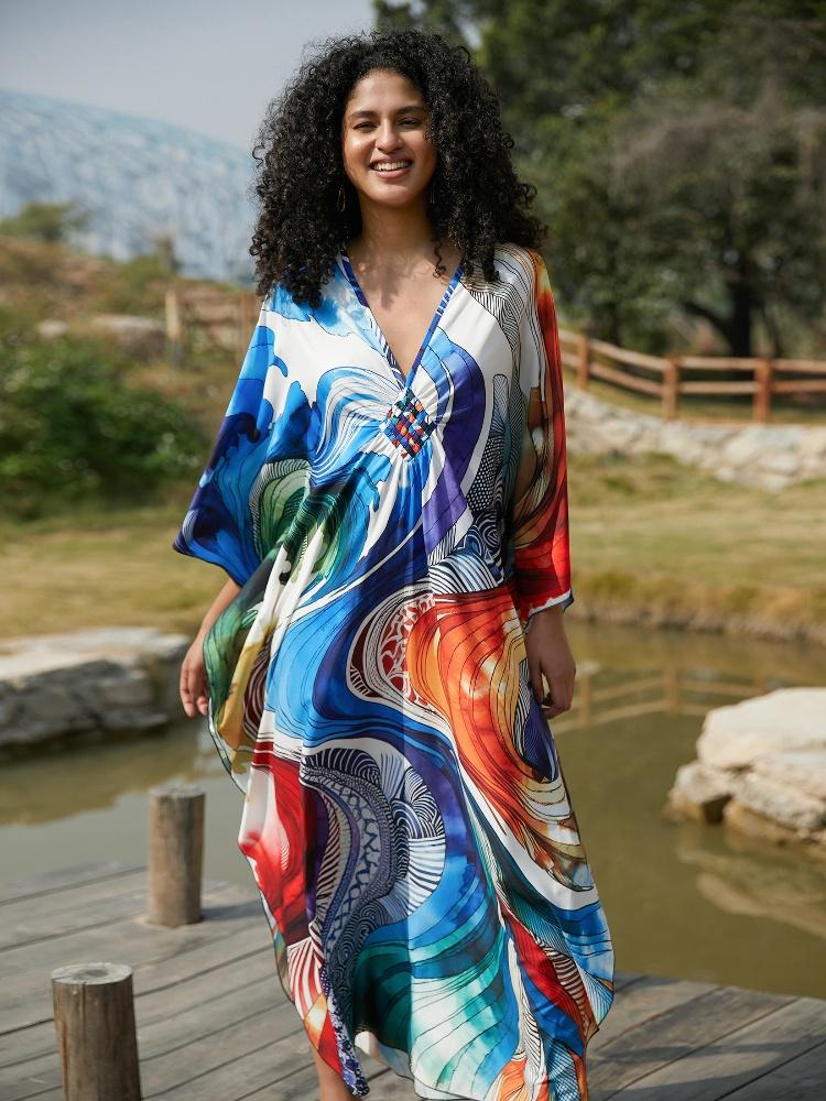 EDOLYNSA Шикарный женский халат больших размеров, кафтан, китайский узел с v-образным вырезом, благоприятный узел, богемное платье, купальник, накидка, домашняя одежда Q1634