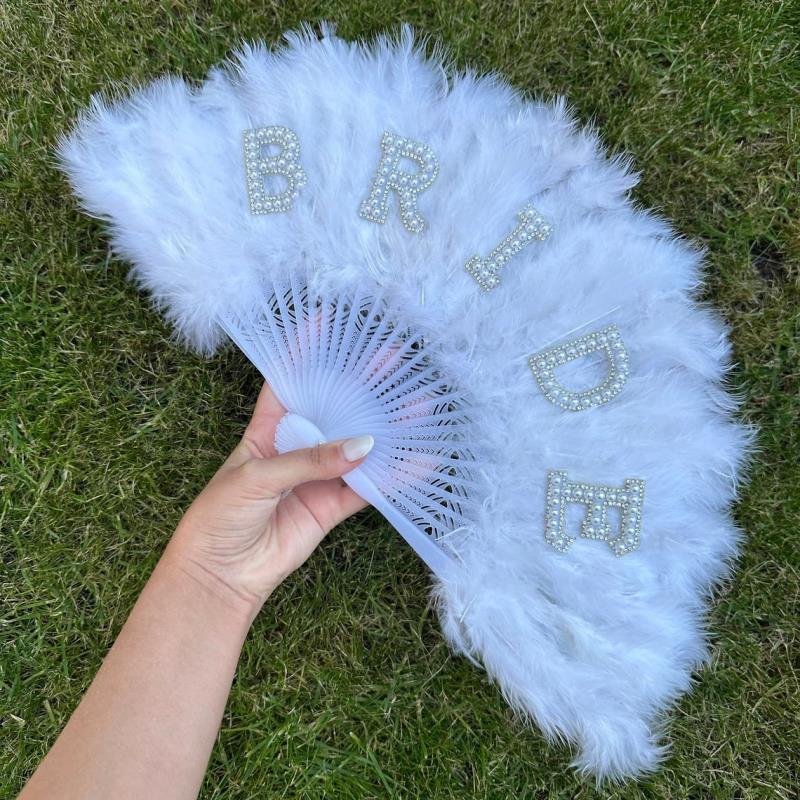 Bridal Accessories, Pearls, English Letters, Bride,White, Feather Folding Fan, Bachelor Party, Bride's Wedding Gift