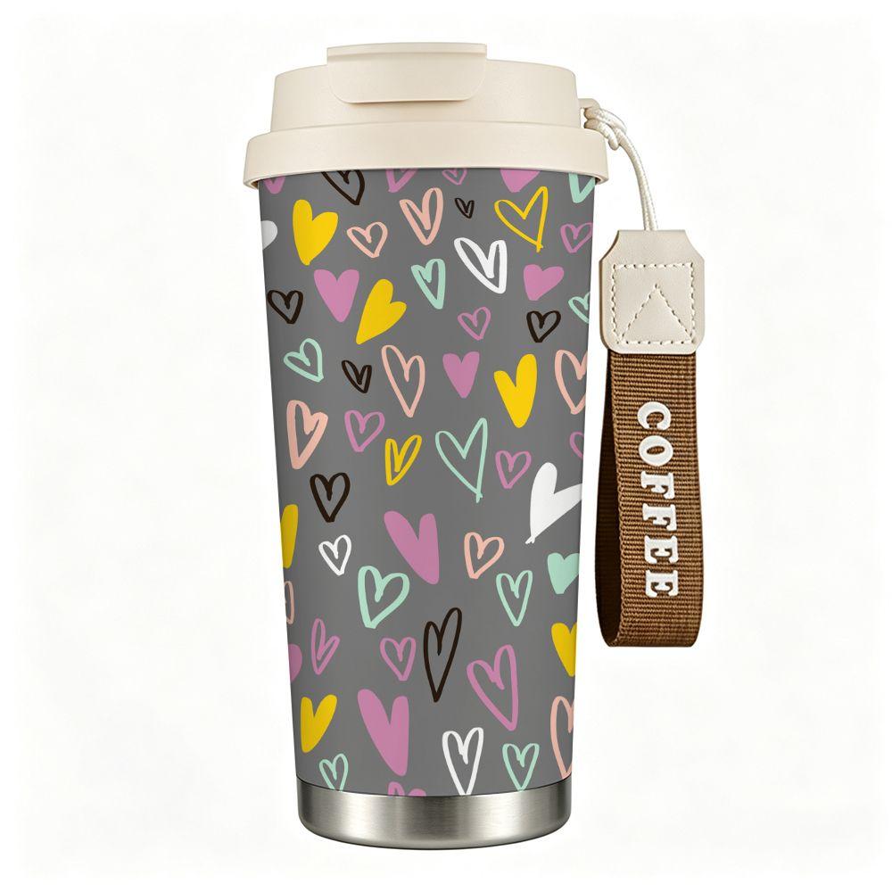 Colorful Hand Drawn Heart Pattern Double Walled Insulated Coffee Tumbler Reusable Stainless Steel Travel Mug Portable Cup for Office Home Gift