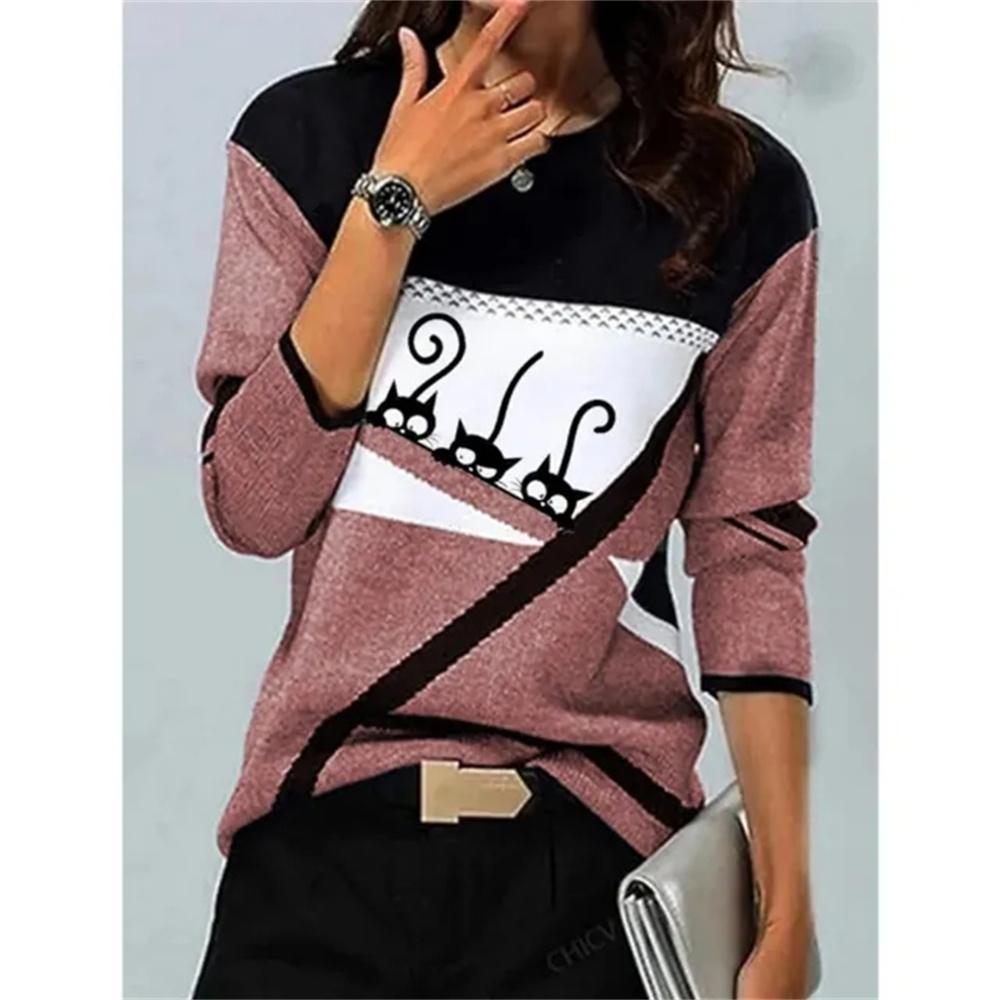 2023 осень/зима, женская новая футболка с 3D геометрическим контрастным принтом, свободный размер, элегантный модный топ с длинными рукавами в стиле Харадзюку
