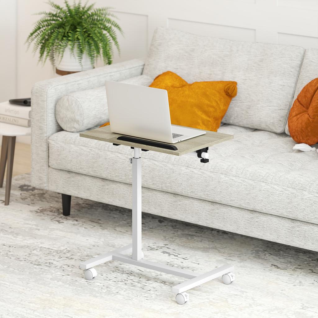 Side Table with Wheels Adjustable Height Tiltable Surface and Metal Frame 57x40x67.5-101 cm Oak and White