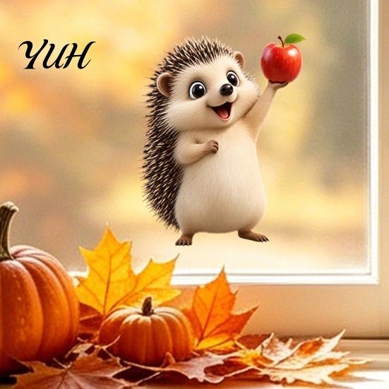 No Glue Window Art Fall Static Clings, Autumn Hedgehog Maple Leaf Glass Decals, Reusable Transparent Film PVC Stickers for Home, Shop Storefront