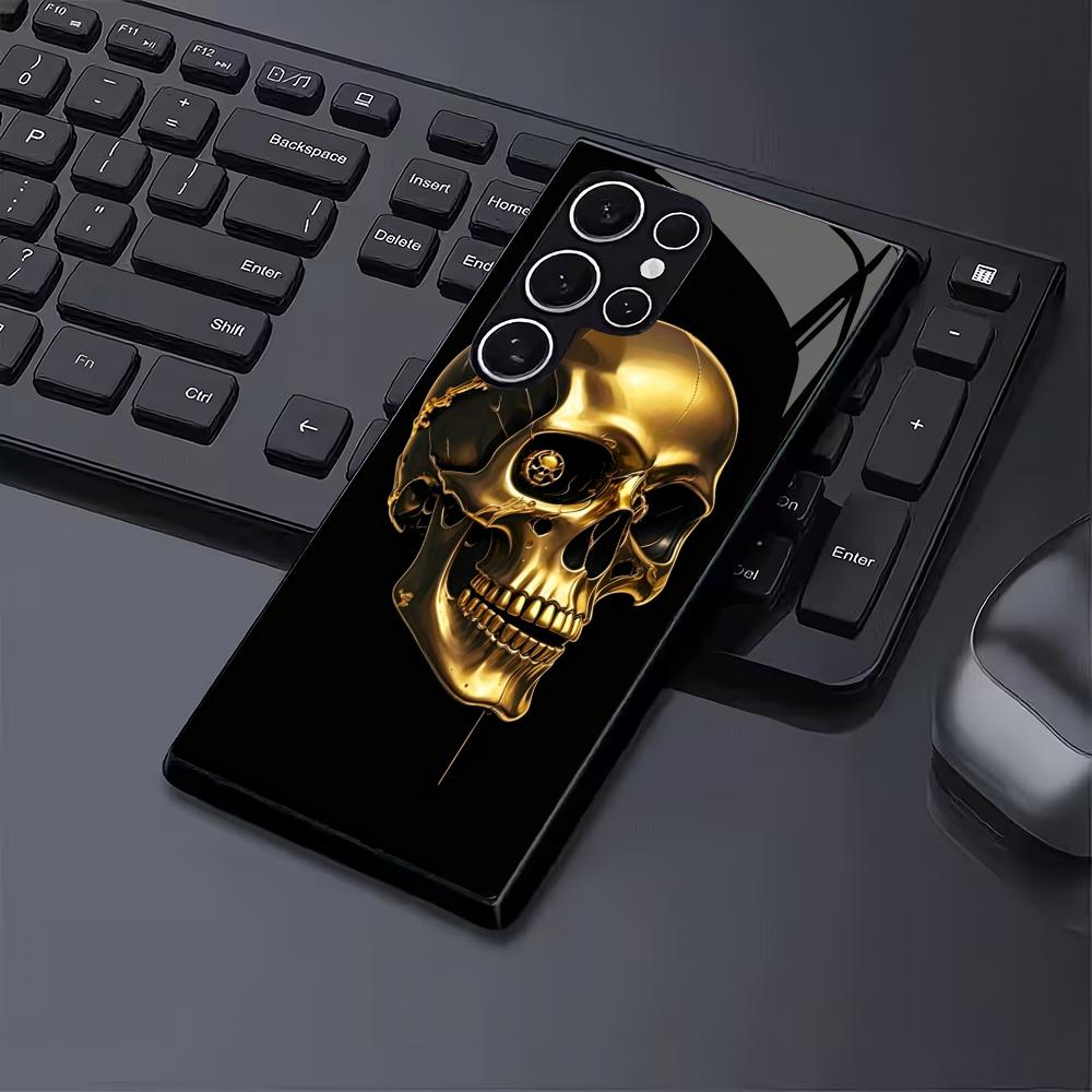 Черный стеклянный чехол для телефона с золотым черепом, подходит для Samsung Galaxy S26 S25 S24 S23 S22 S21 S20 FE/Ultra/Plus, противоударная задняя крышка