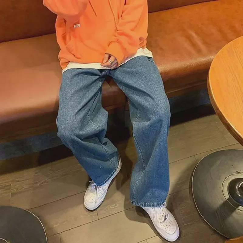 Men's Black Retro Wide-Leg Jeans - New Autumn Trend, High Street Style, Straight Loose Fit, Large Size Available.