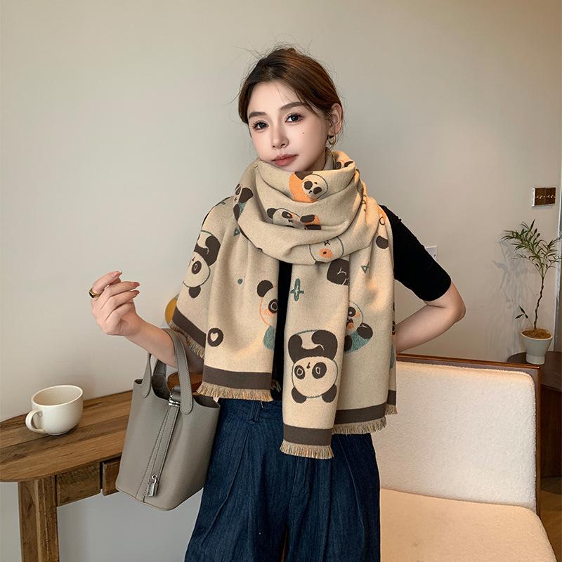 Winter New Cute Panda Scarf Double Sided Imitation Cashmere Shawl Versatile Fashion Thickened Warm Scarf