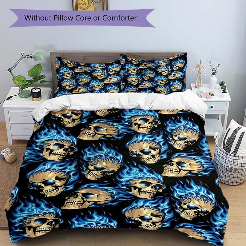 3pcs bedding set Flame Skulls Includes 1 Comforter + 2 Pillowcases, Without Pillow Inserts, Soft Comfortable,a0909082