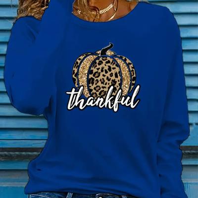 Топы для женщин 3D Благодарная тыква Принт Круглый вырез Длинный рукав Футболка Осенний повседневный тонкий пуловер Женский длинный рукав Топ