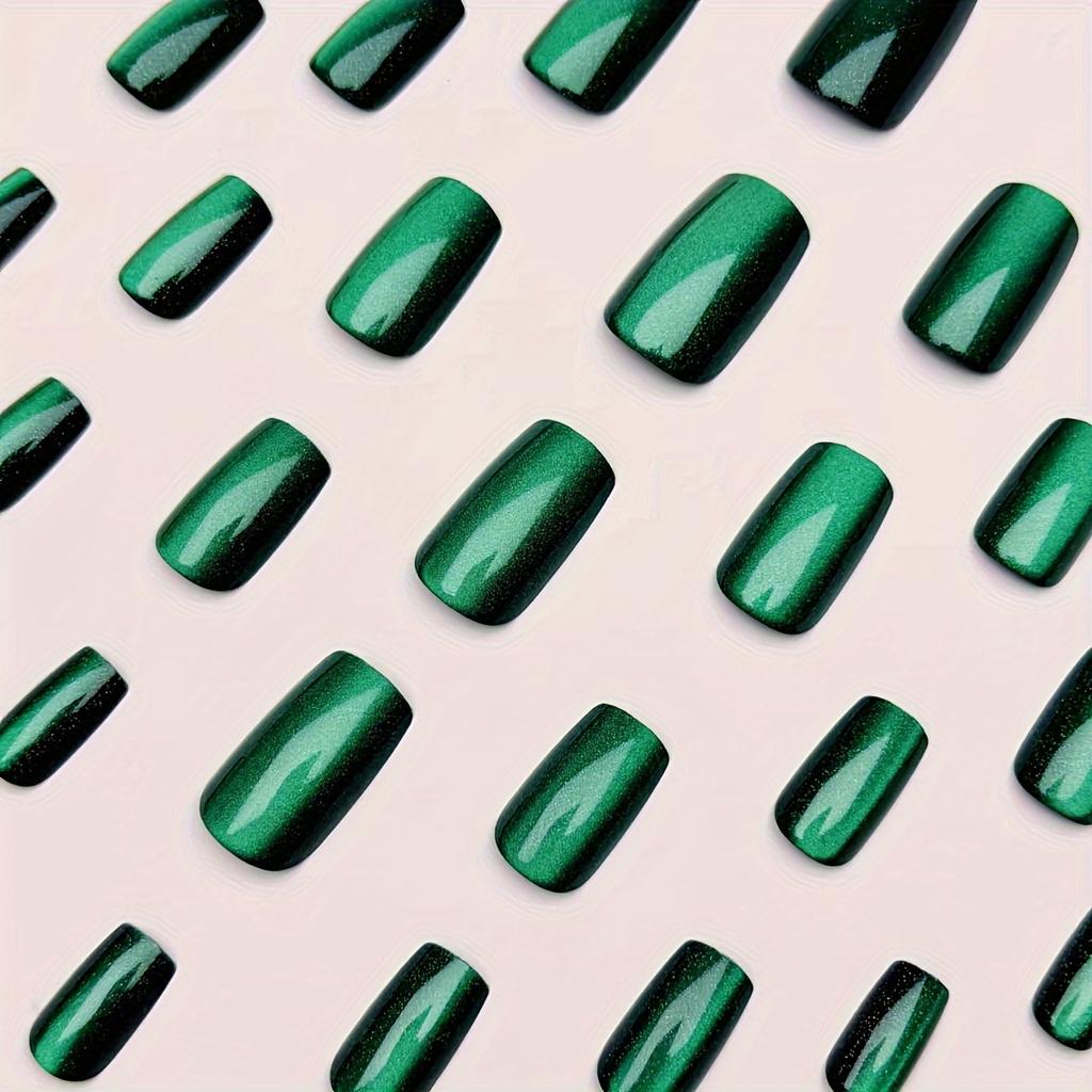 Набор из 24 квадратных накладных ногтей с эффектом кошачьего глаза изумрудно-зеленого цвета, средней длины, глянцевая отделка