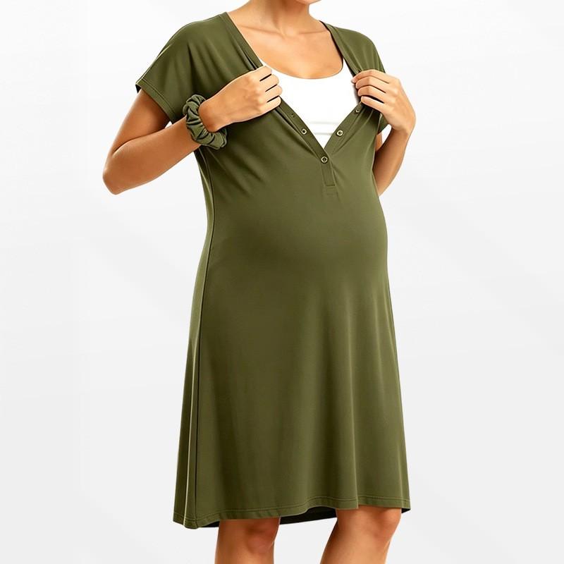 Maternity Nursing Dress V-Neck Loose Short Sleeve Midi Pregnancy Postpartum Breastfeeding Home Wear Modal Blend