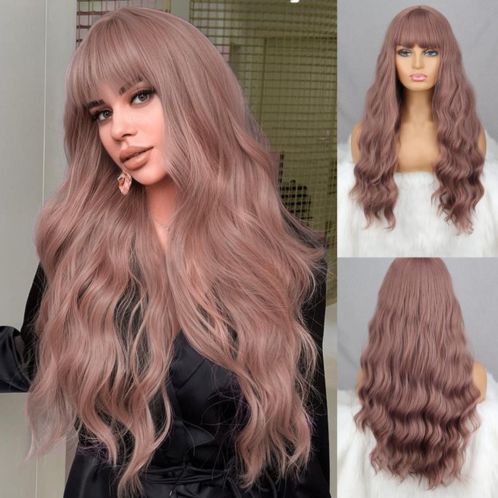 MISS WIG Grey Wig Long Wavy Wig with Bangs Synthetic Fiber Long Water Wave Wig for Women Daily Wear