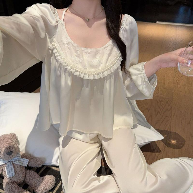 1011 spring new Korean version can be worn outside thin loungewear two-piece set long-sleeved trousers ice and snow silk pajamas women