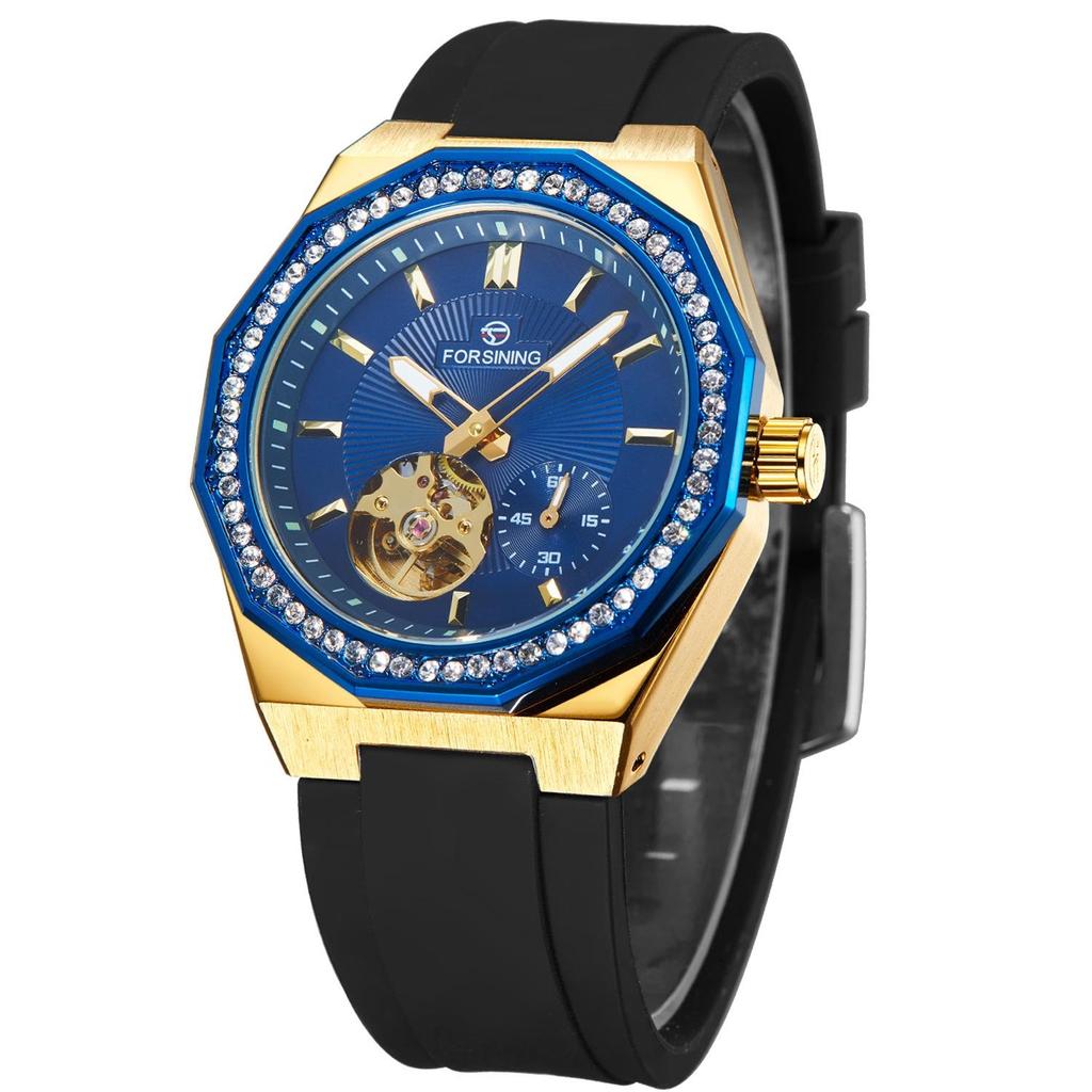 FORSINING Men's Automatic Mechanical Watch, Rhinestone Inlay Skeleton Dial, Octagonal Case Luminous Watches