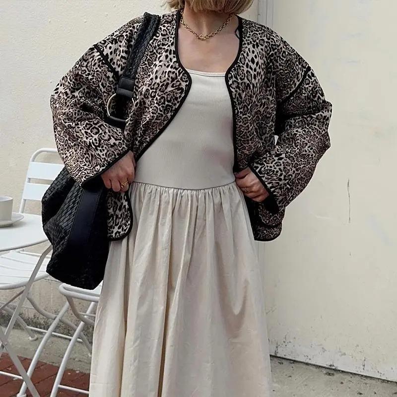 Fashion Leopard Printed Patchwork Coats for Women Casual Long Sleeve Loose Female Cotton Jacket 2024 Autumn Winter New Pocket Outerwear