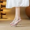 French Beautiful Rhinestone Waterproof Table Open-toed High Heels Female Sexy Fairy Stiletto Sandals 2025 New